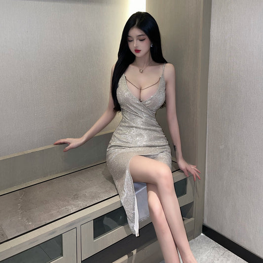 Nightclub Dress with Low V-Neck and Slit Design
